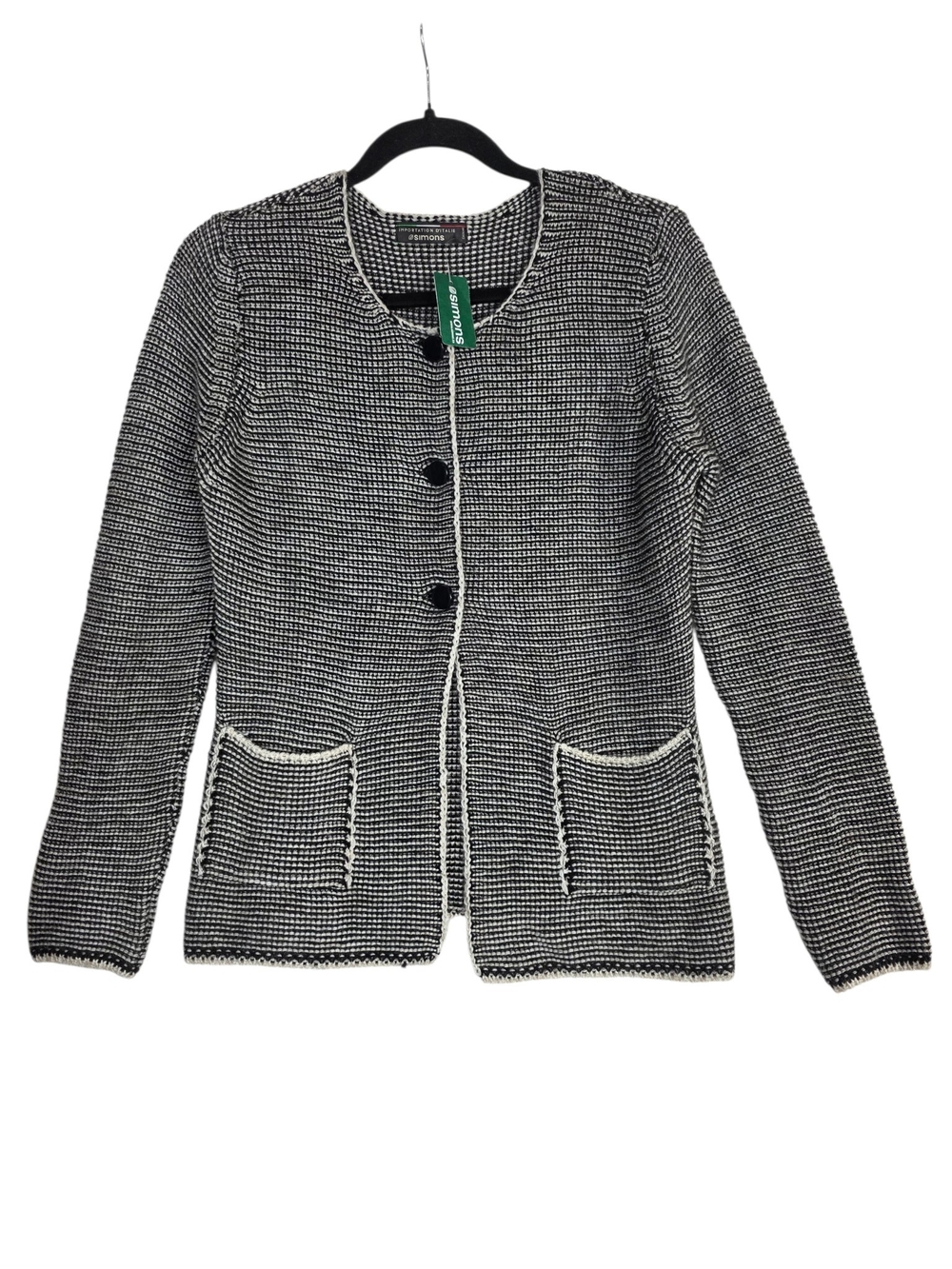 Simons wool & Alpaca black and cream Knit Tweed collarless button-front Cardigan